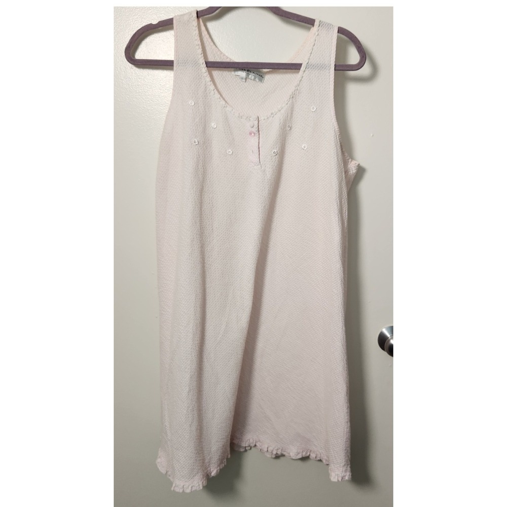 Miss Elaine Pink Seersucker Nightshirt Lrg Sleeveless Ruffle Knee Length V-Neck